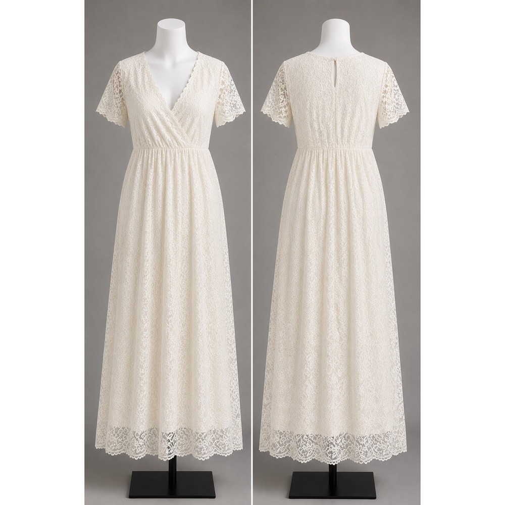 PinkBlush Ivory Floral Lace Maxi Dress Short Sleeve Wrap Neckline Cream Womens L